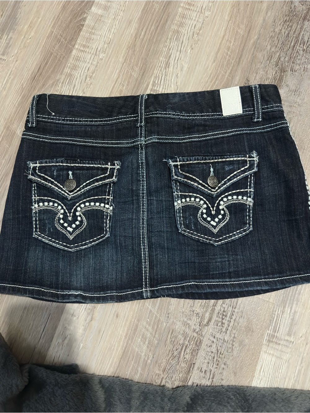 Maurices Dark Wash Denim Mini Skirt with Embroidered Back Pockets